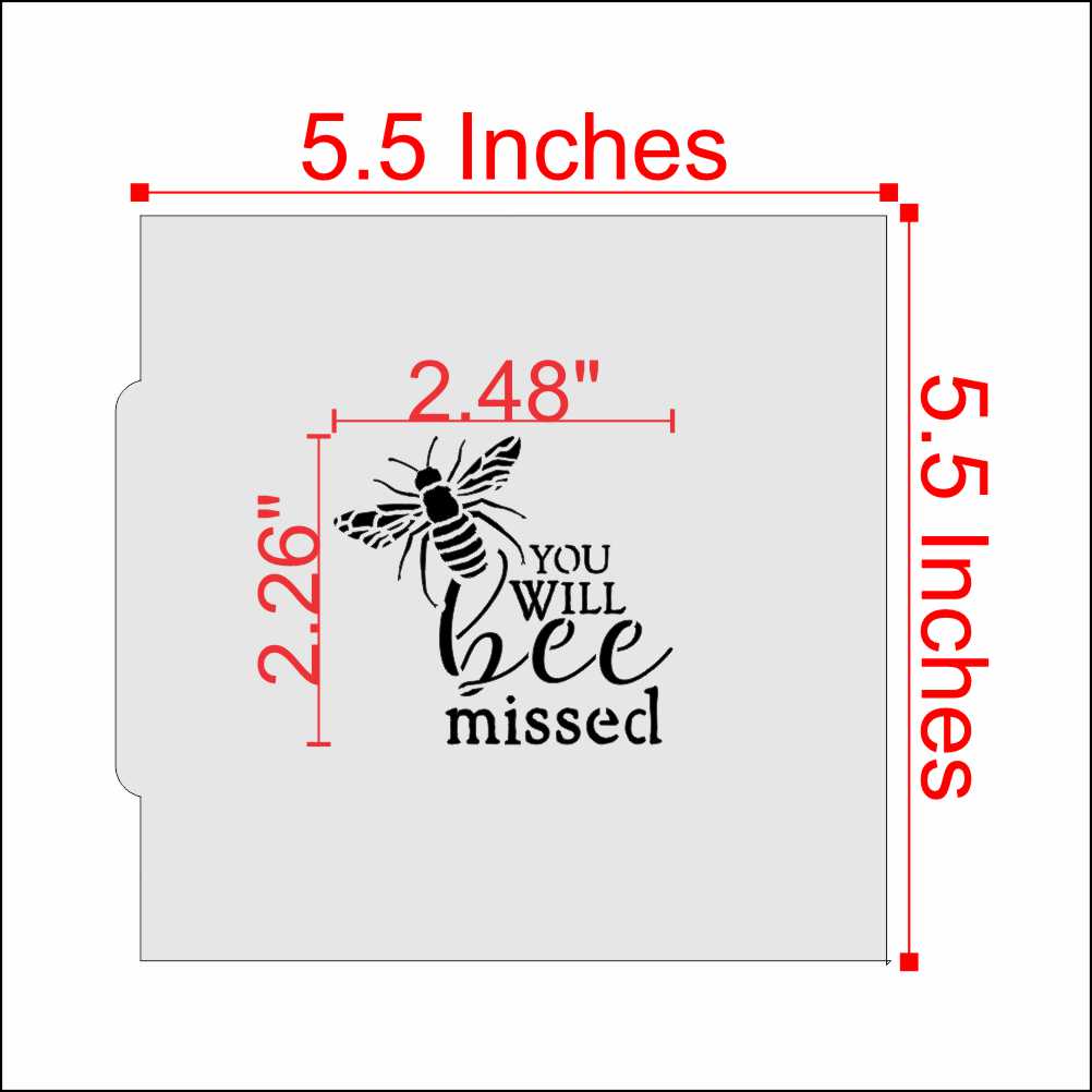 You Will Bee Missed cookie stencil design featuring bee illustration and text, sized 5.5 inches for cookie decoration.