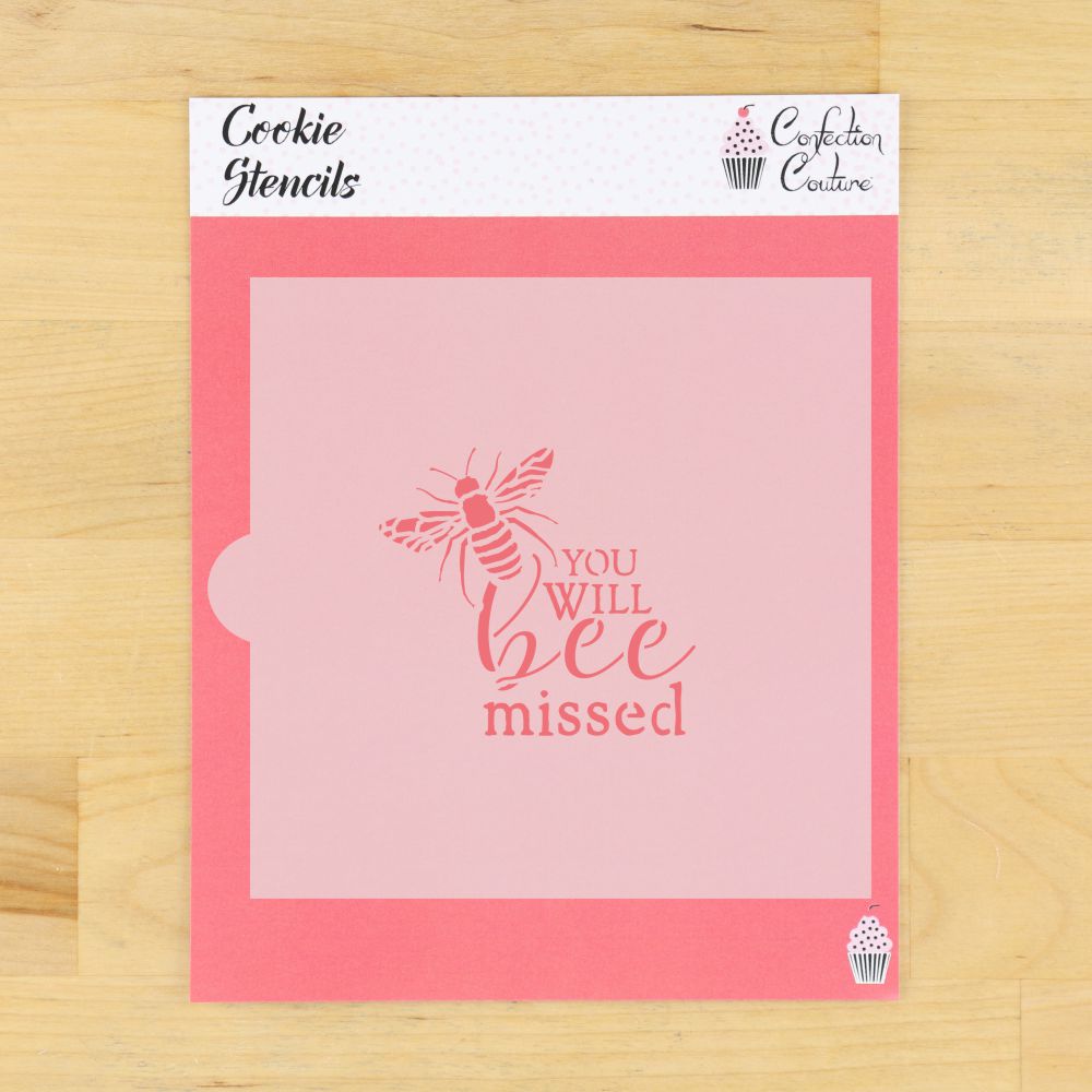 You Will Bee Missed Cookie Stencil set featuring a bee design and playful message for baking lovers.