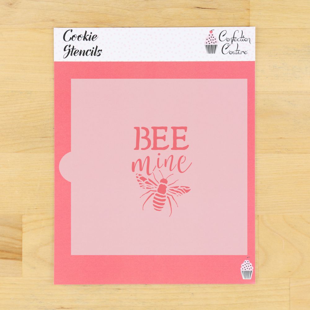 Bee Mine Valentine's Day cookie stencil featuring a bee and sweet message, perfect for decorating cookies.
