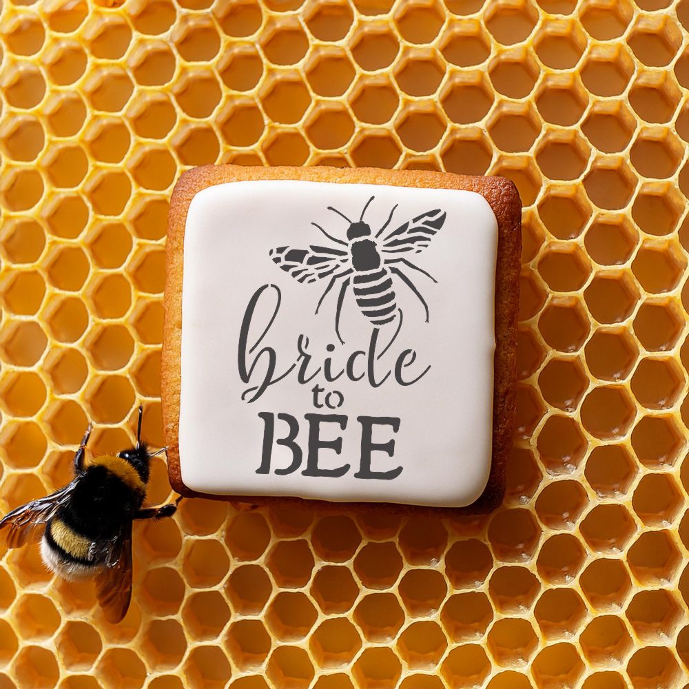 Bride to Bee wedding shower cookie stencil with bee design on honeycomb background.