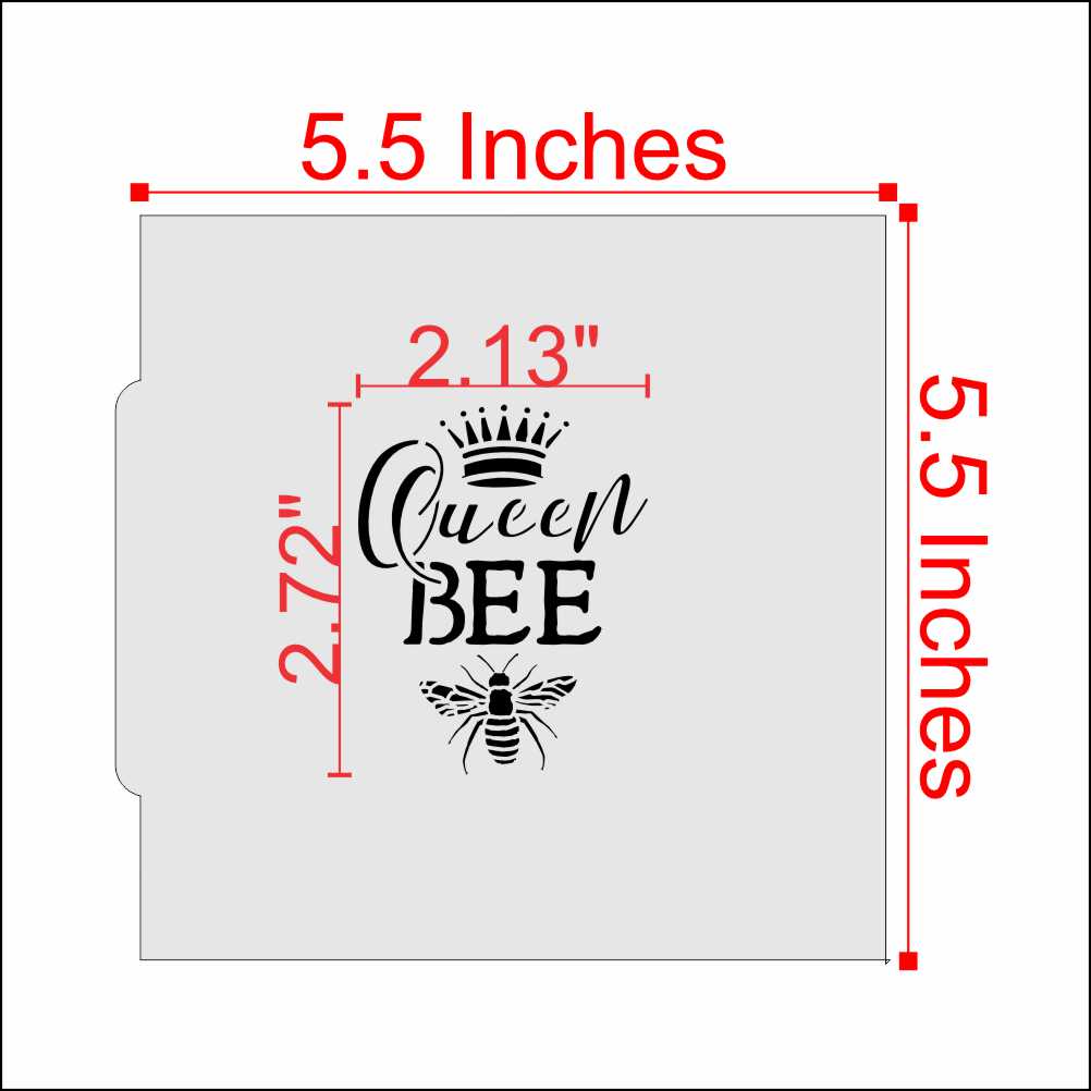 Queen Bee cookie stencil design with measurements shown, perfect for bee-themed celebrations.