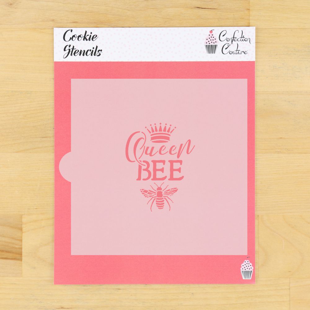 Queen Bee cookie stencil packaging on a wooden surface, perfect for bee-themed celebrations.