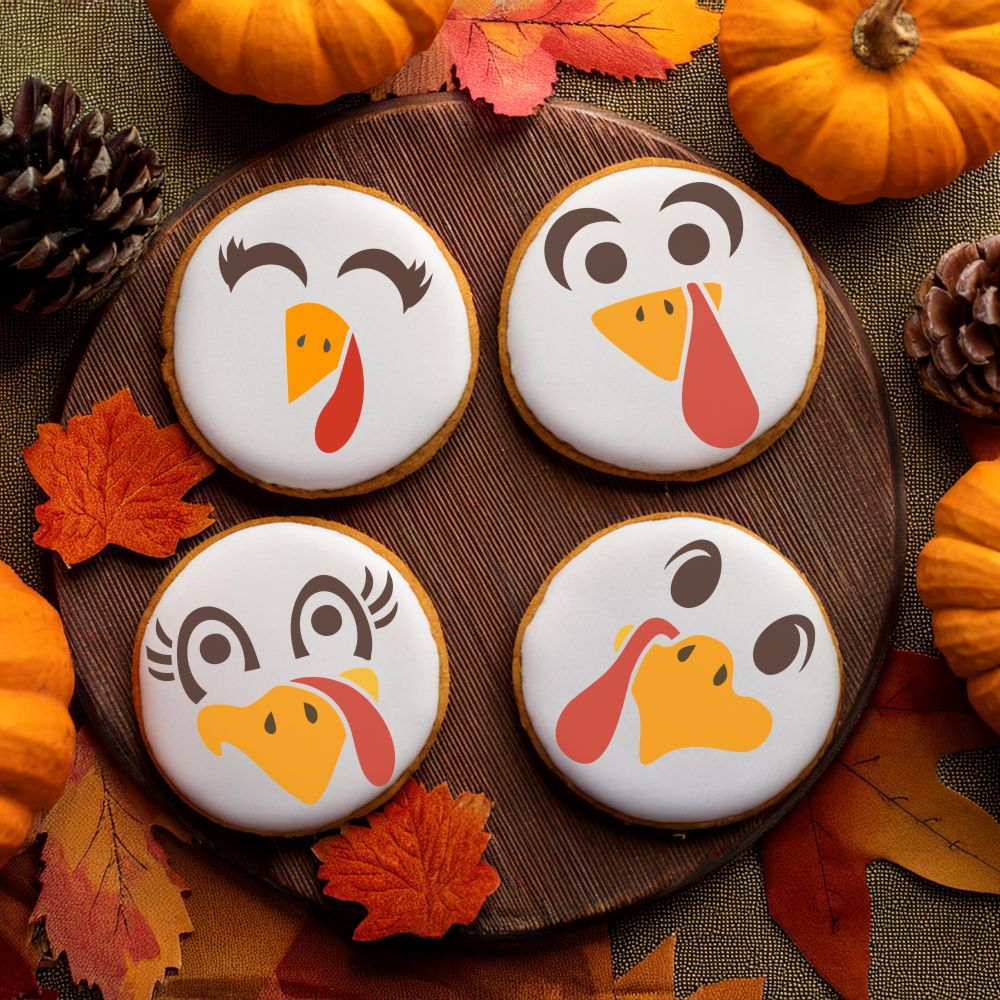 Custom Thanksgiving turkey face cookies on a wooden platter with autumn leaves and pumpkins, perfect for holidays.