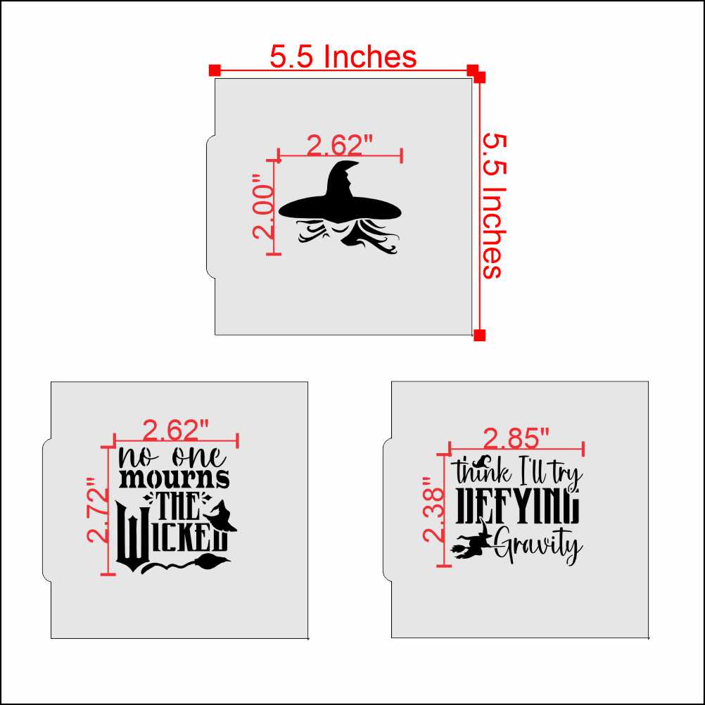 No One Mourns the Wicked cookie stencil set featuring witch hat and quotes, perfect for themed baking fun.
