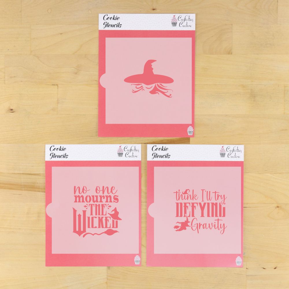 Three-piece cookie stencil set featuring 'No One Mourns the Wicked' text and designs for themed baking.