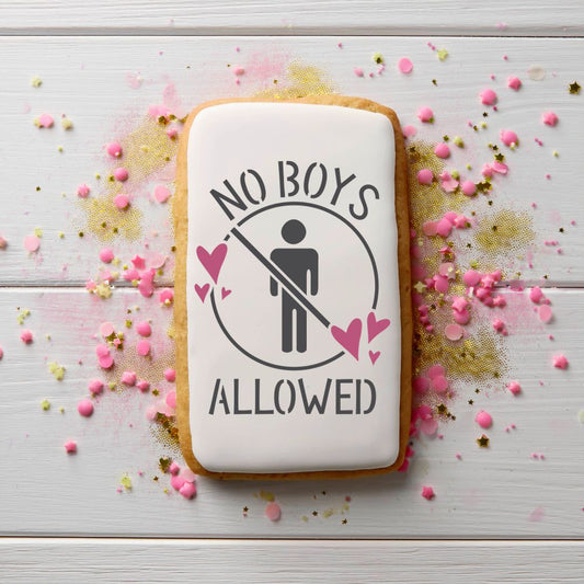 Decorated cookie with 'No Boys Allowed' stencil design, surrounded by pink sprinkles, perfect for bachelorette parties.