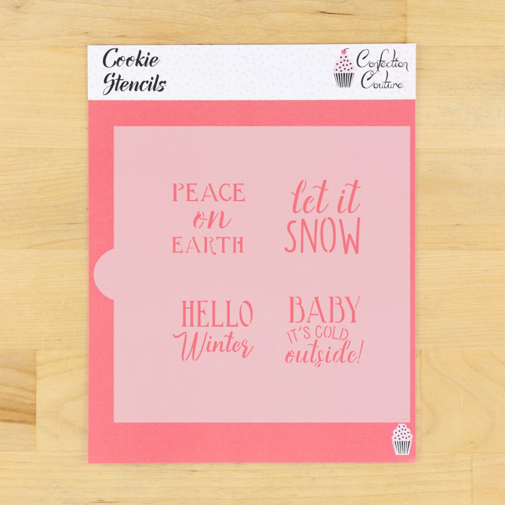 Hello Winter cookie stencil set featuring festive designs: "Peace on Earth," "Let it Snow," and more for holiday baking.