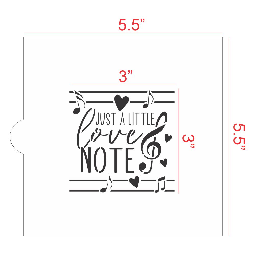 Just a Little Love Note Valentine cookie stencil design with musical notes and hearts, 3" x 3" size.