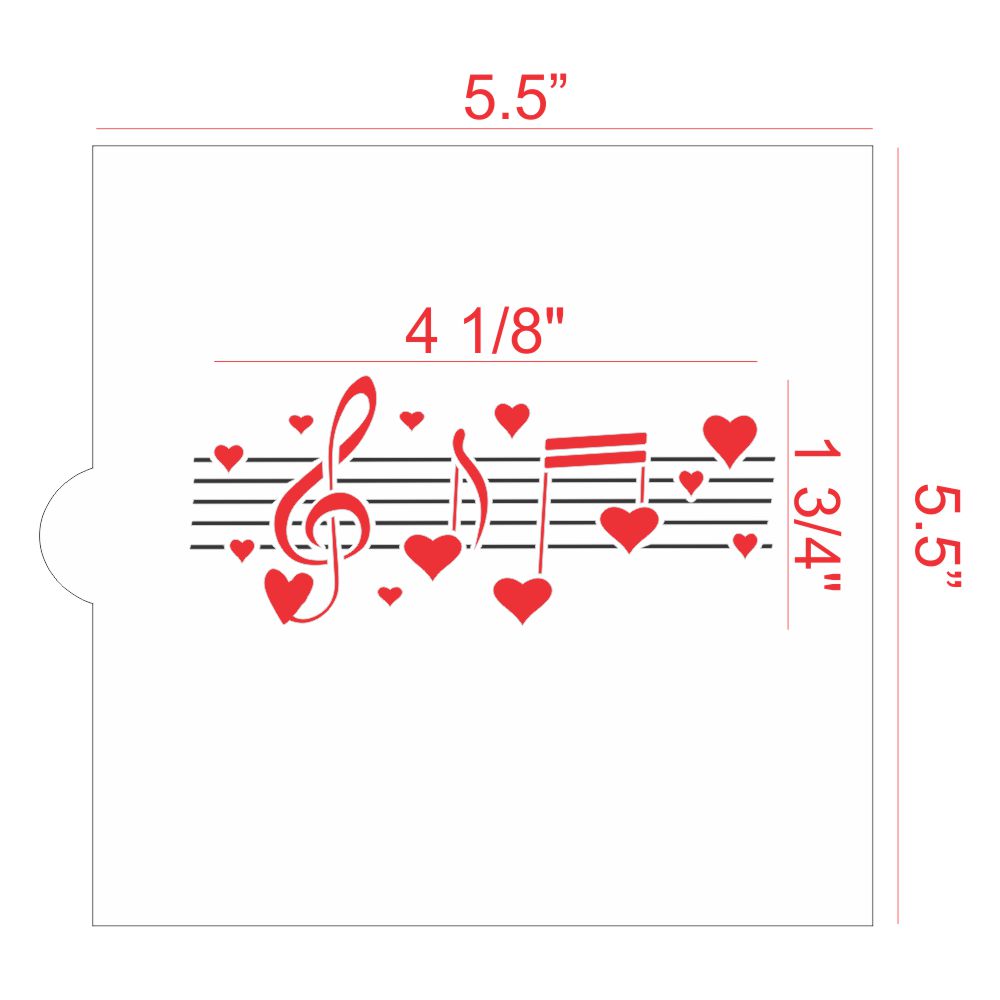 Valentine Sheet Music Cookie Stencil design featuring musical notes and hearts, dimensions 4 1/8" w x 1 3/4" h.