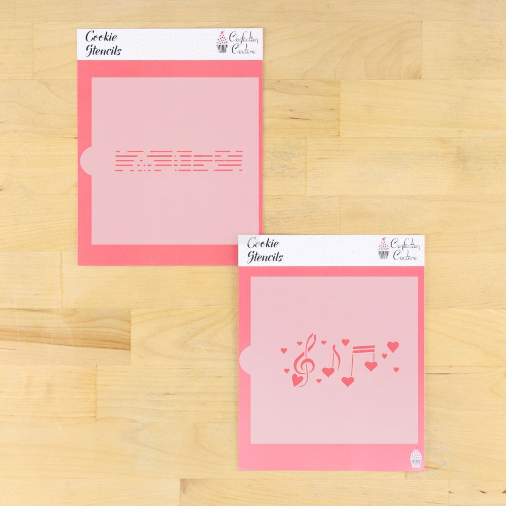 Valentine sheet music cookie stencil set with musical notes and hearts design for creative baking.