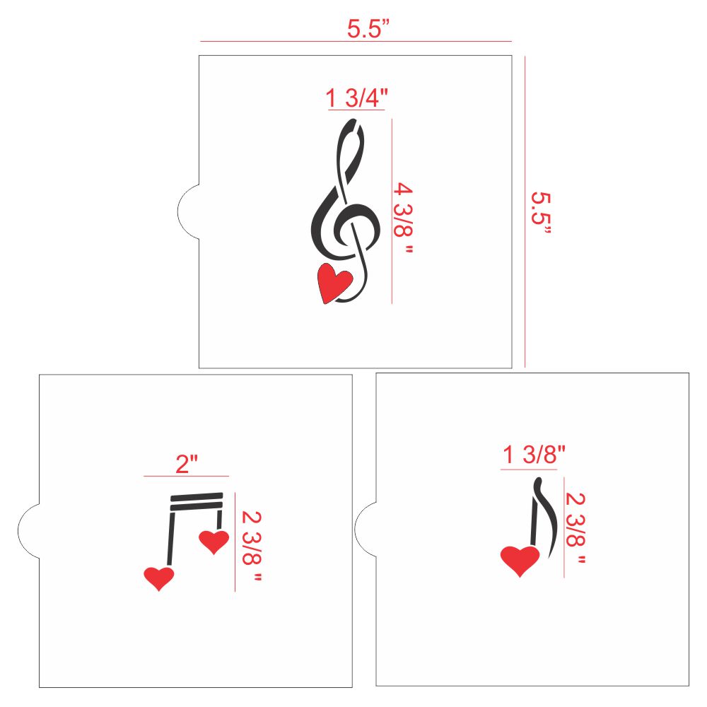 Valentine Music Notes Cookie Stencil design dimensions with musical notes and hearts for creative baking.