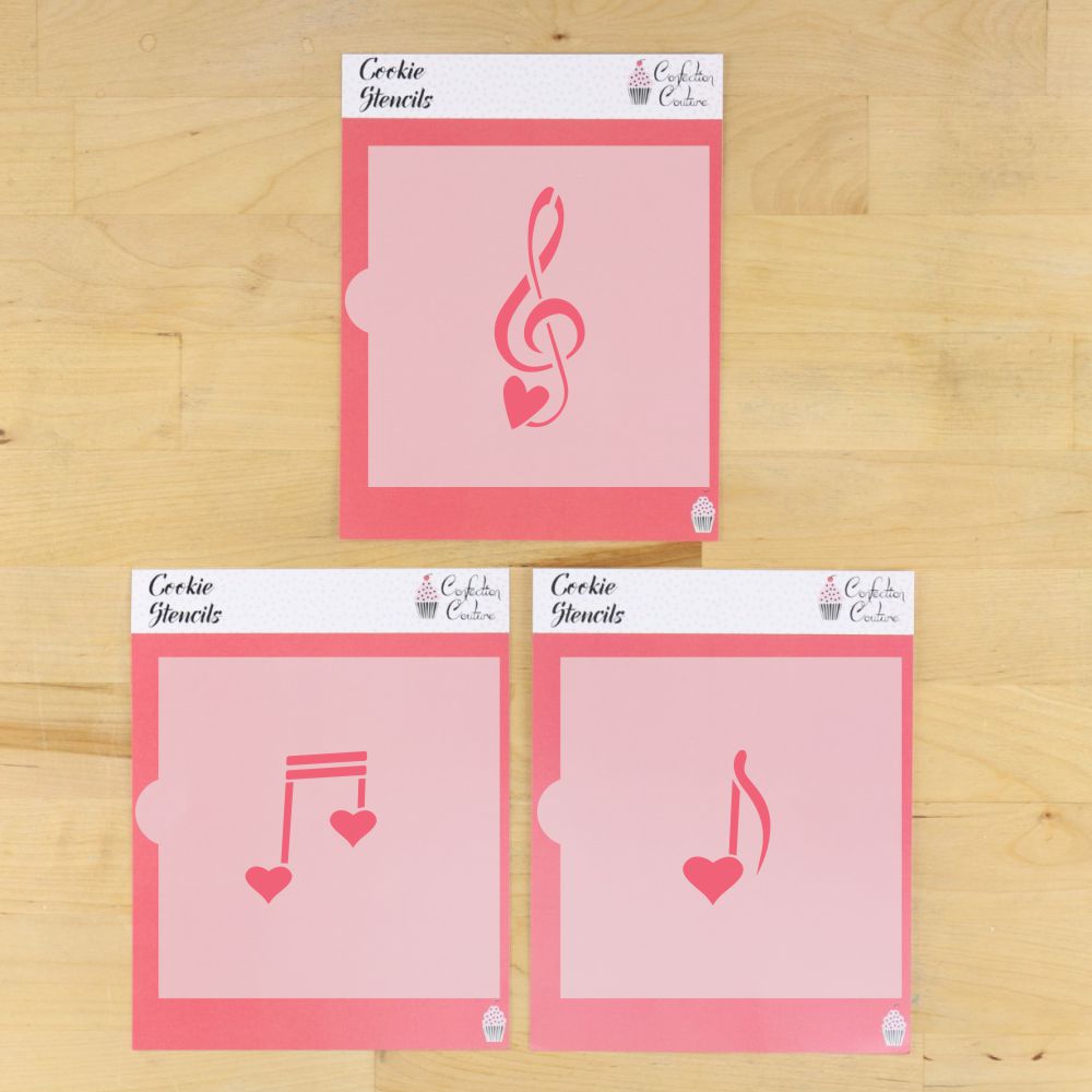 Valentine music notes cookie stencils in pink, perfect for baking festive music-themed treats.