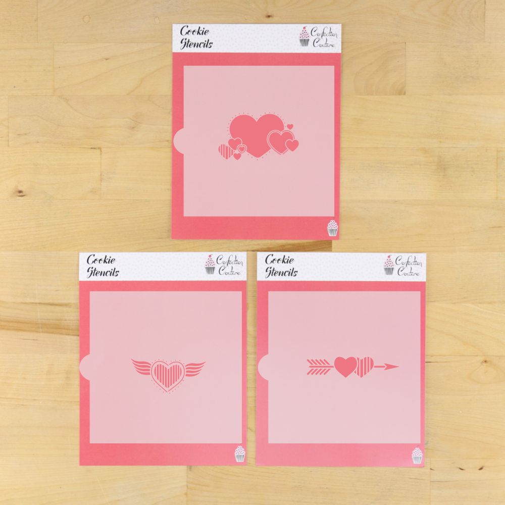 Valentine Hearts Cookie Stencil Set featuring three heart designs for decorating cookies.