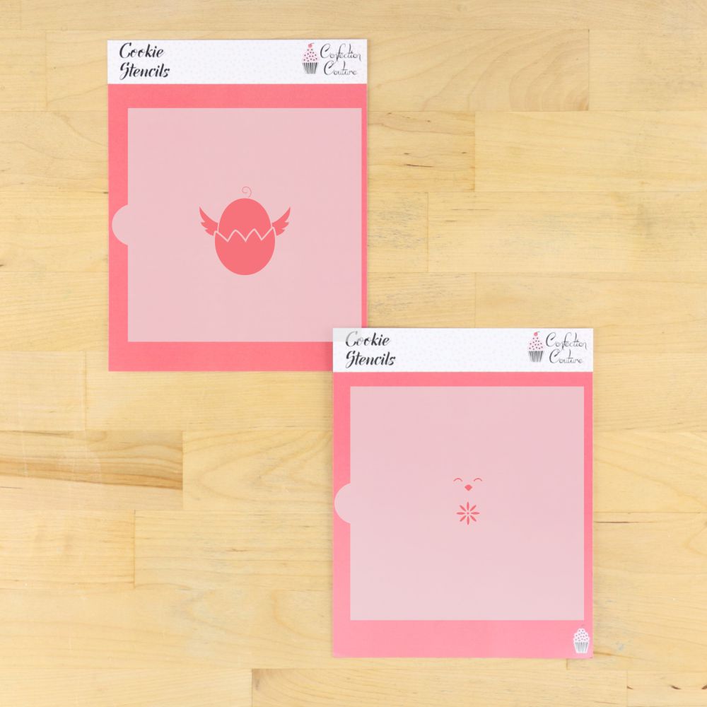 Easter Chick in Egg cookie stencil set with pink backing, featuring whimsical egg and chick designs for festive baking.