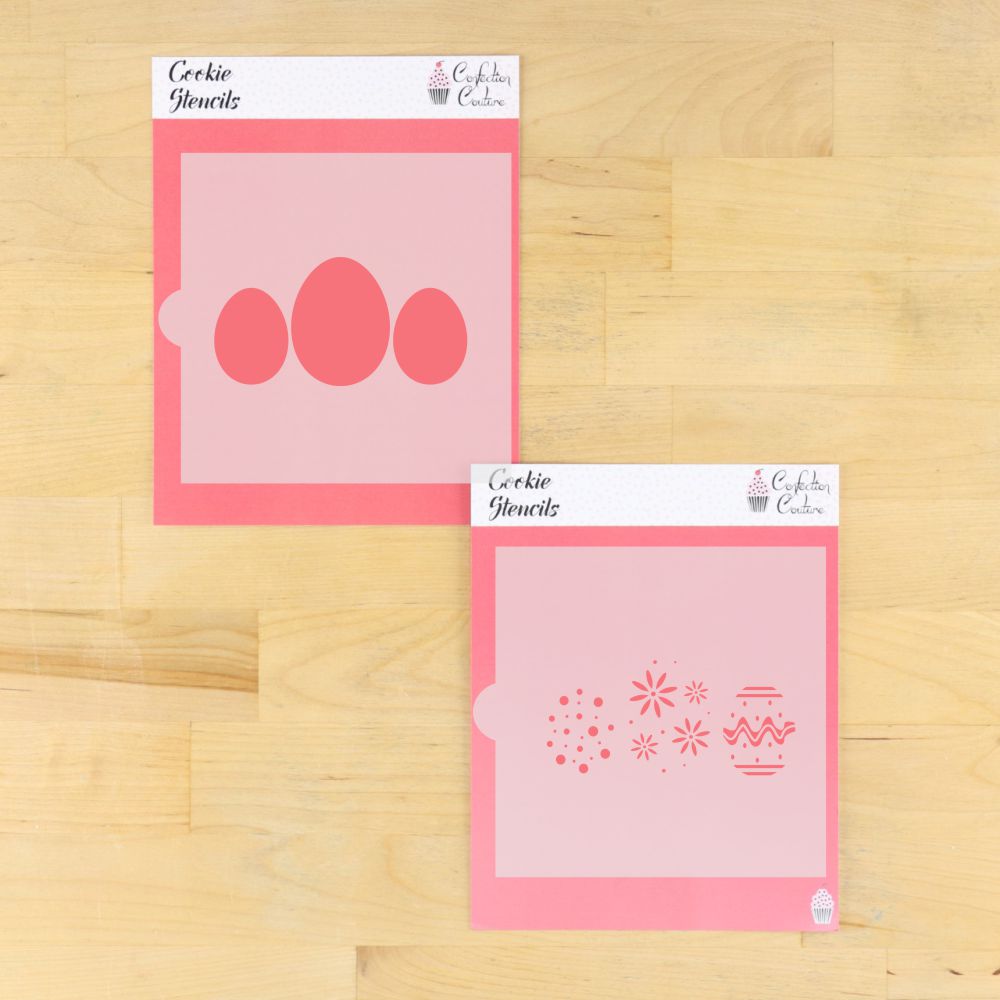 Two cookie stencils for Easter featuring egg and decorative patterns on pink backing.