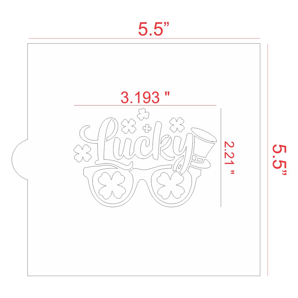 Stencil design featuring the word 'Lucky' with shamrock glasses for St. Patrick's Day cookie decorating.