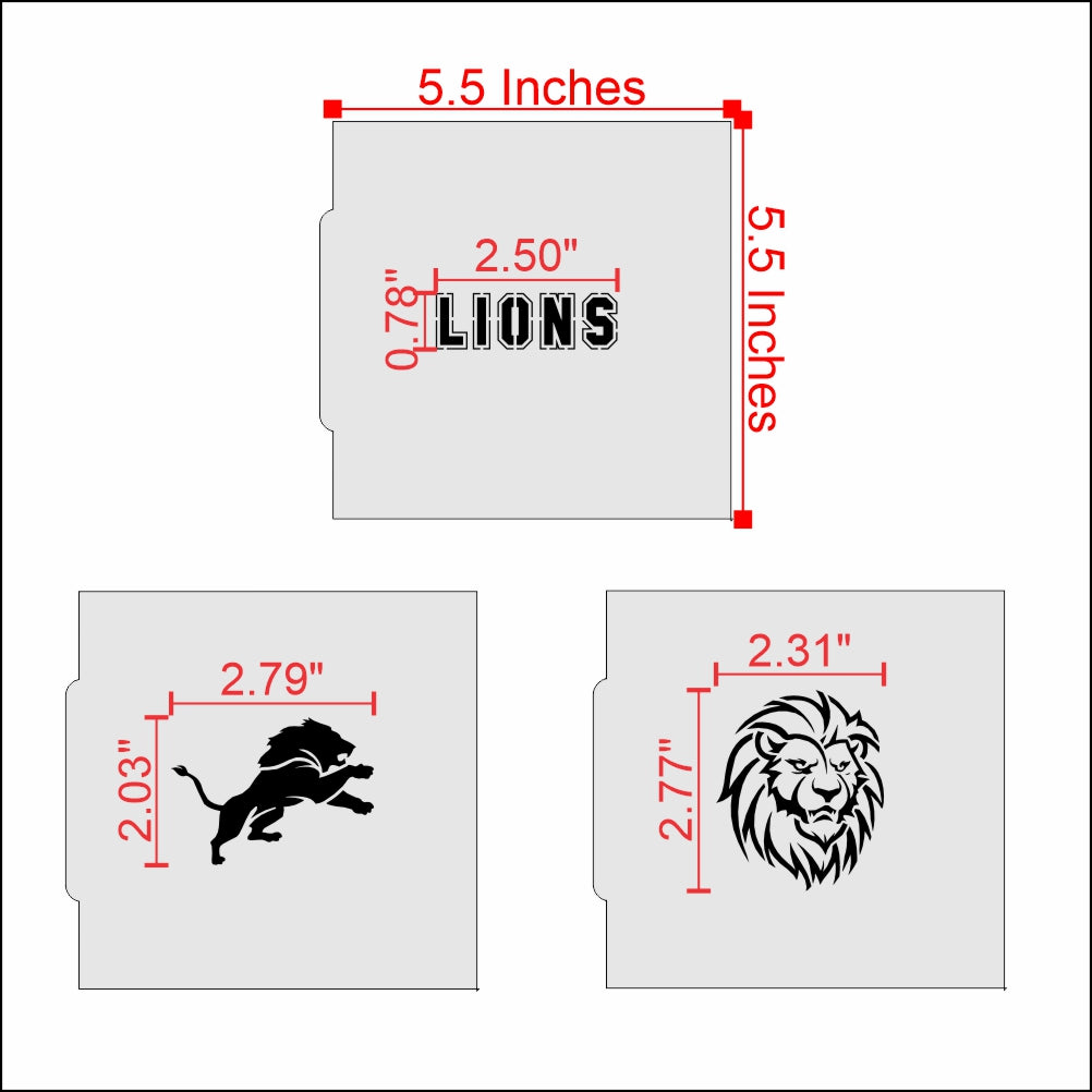 Lion Mascot Cookie Stencil Set with dimensions; includes 'LIONS' text and lion designs for game day treats.