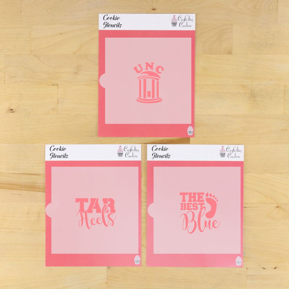 UNC-themed cookie stencil set featuring Tar Heels and The Best Blue designs for game day treats.