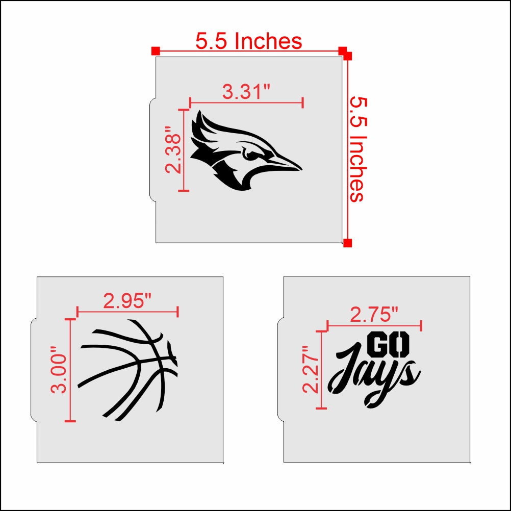 Go Jays cookie stencil set featuring Blue Jay and basketball designs, perfect for game-day treats and celebrations.