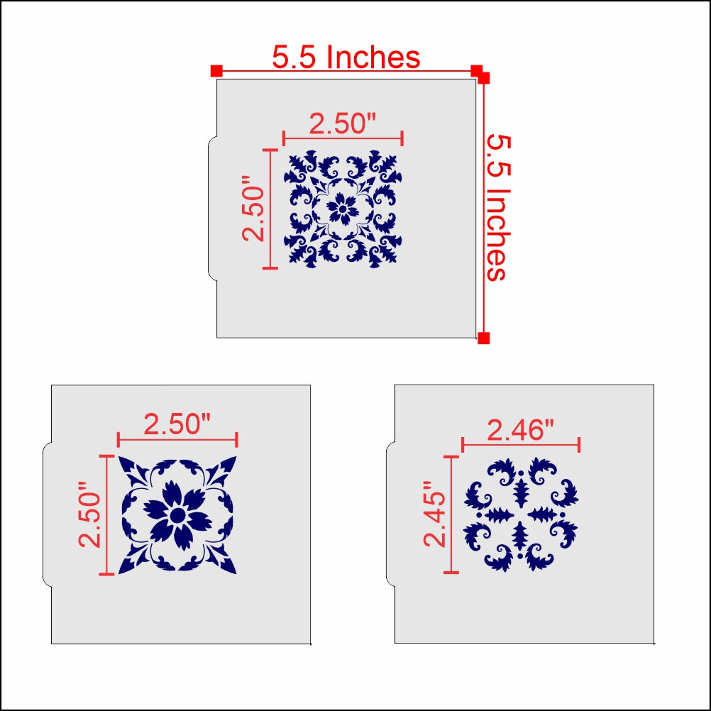 Tile Trio Cookie Stencil Set dimensions showcasing three intricate designs for cookie decorating.