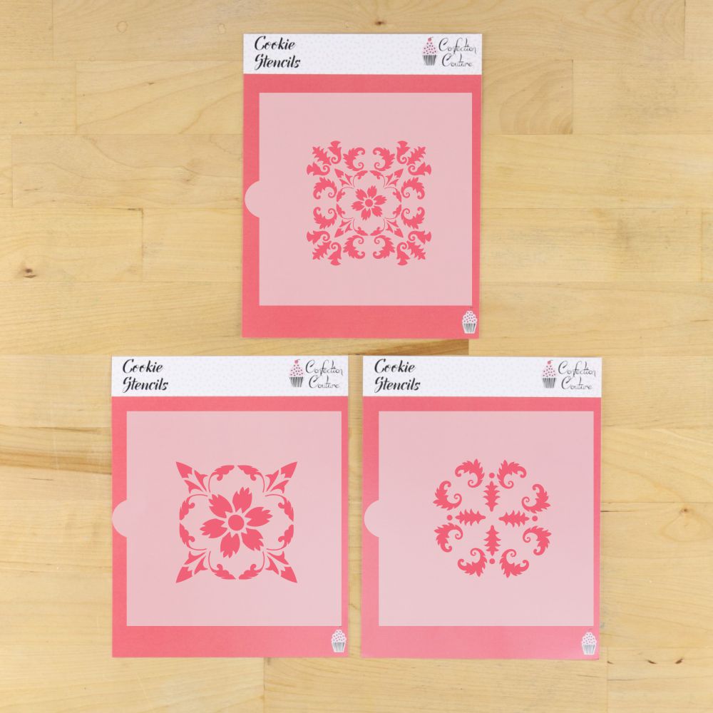 Tile Trio Cookie Stencil Set featuring three Mediterranean-inspired designs for creative cookie decorating.