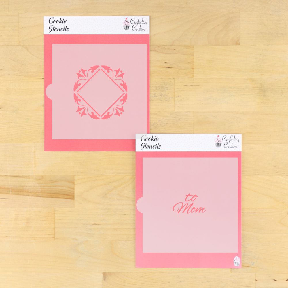 To Mom tile cookie stencil set for Mother's Day, featuring decorative overlay styles for cookie decoration.