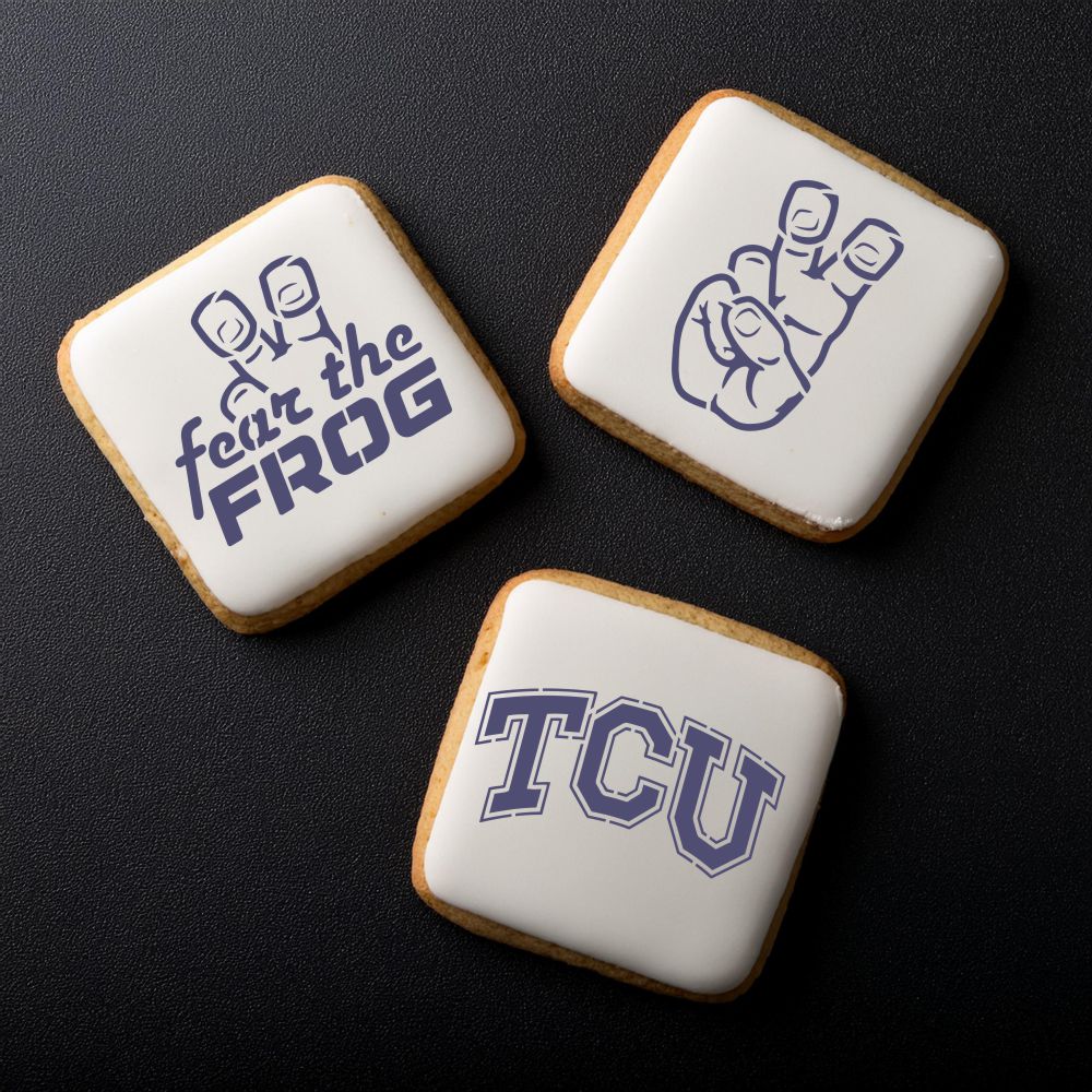 Fear the Frog cookie stencil set featuring TCU-themed decorated cookies for game day celebrations.