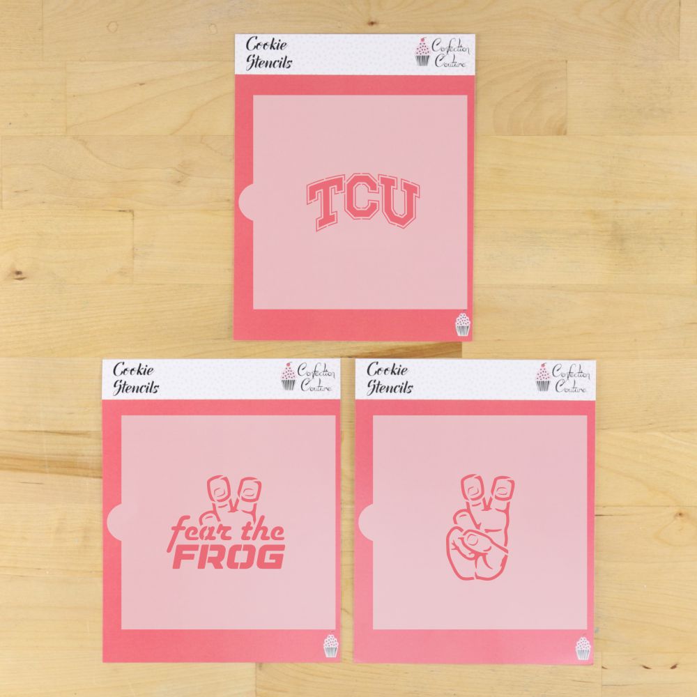 Fear the Frog Cookie Stencil Set featuring TCU designs, ideal for game-day treats and celebrations.