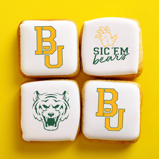 Baylor Bears themed cookies featuring 'Sic Em Bears' and BU logo stencils, perfect for game day celebrations.