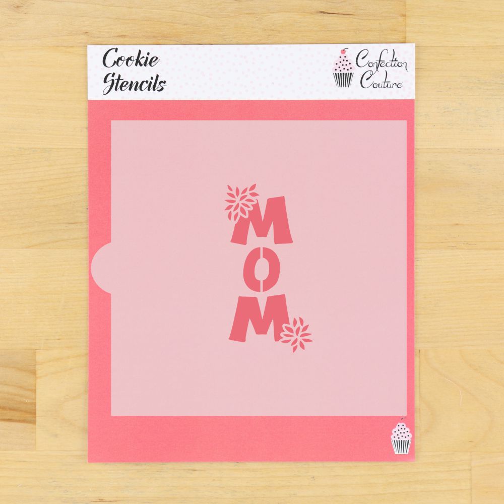 Chrysanthemum Mom cookie stencil for decorating Mother's Day cookies, featuring pink design and floral accents.