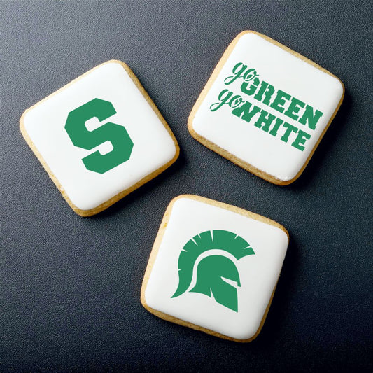 Go Green Go White cookie stencil set featuring Spartan cookies ideal for game days and celebrations.
