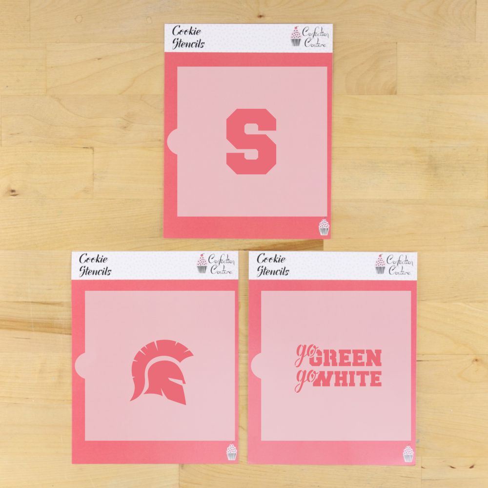 Go Green Go White Cookie Stencil Set featuring football and basketball designs for game day treats.