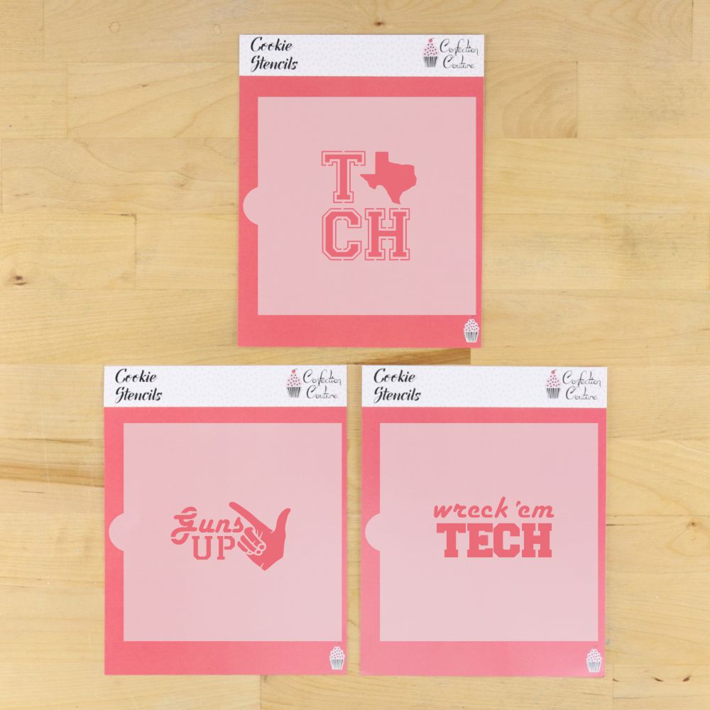 Set of three cookie stencils featuring Texas Tech designs: TCH, Guns Up, and Wreck 'Em Tech for decorating cookies.