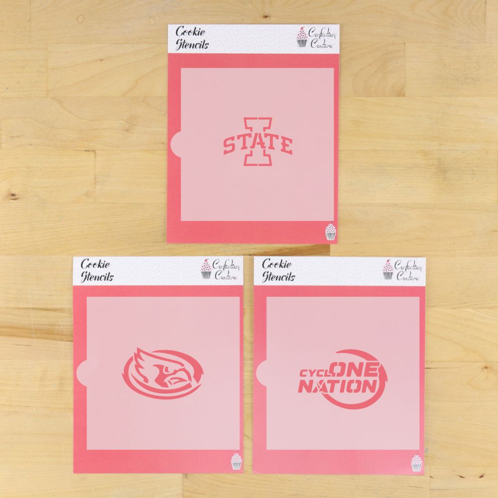 Cyclone Nation cookie stencil set featuring Iowa State logo designs, perfect for game day and celebrations.