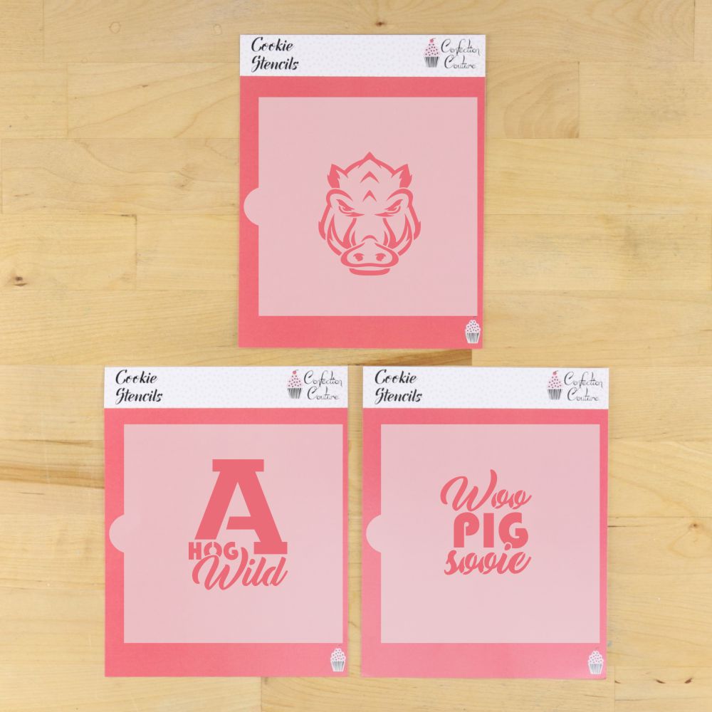 Hog Wild cookie stencil set featuring cookie designs: hog head, 'A', and 'Woo Pig Sooie'. Perfect for Arkansas fans!