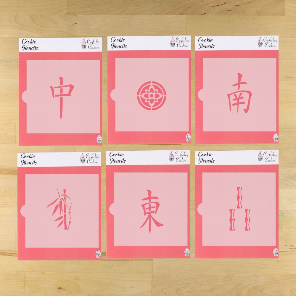 Set of Mahjong Tiles Cookie Stencils featuring iconic symbols for cookie decorating fun.