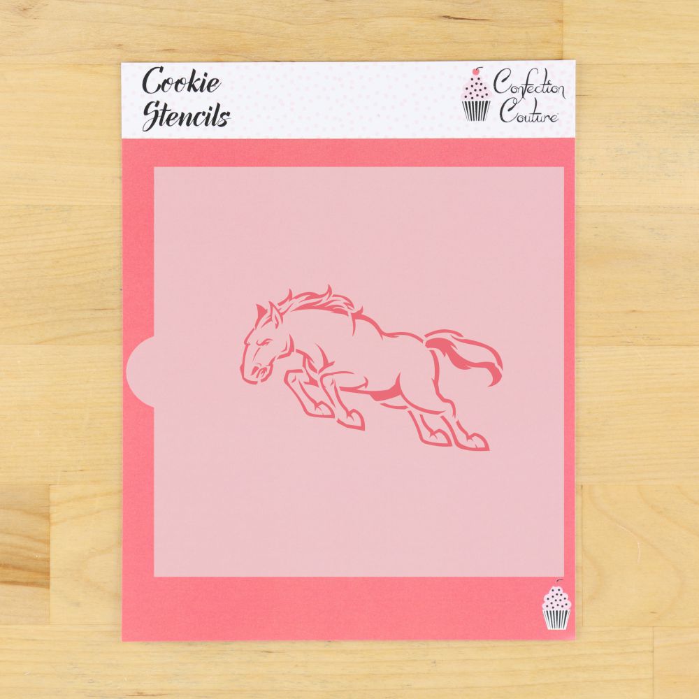 Bucking Bronco mascot cookie stencil on pink background for decorating cookies at sporting events.