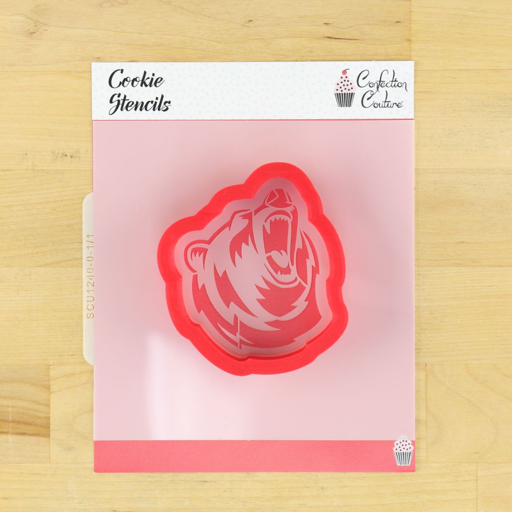 Roaring Bear mascot cookie stencil set with cutter, perfect for themed cookies at sports events and parties.