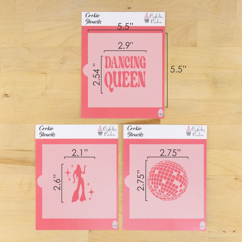 Dancing Queen Cookie Stencil Set featuring disco designs, perfect for creative cookie decorating and themed parties.