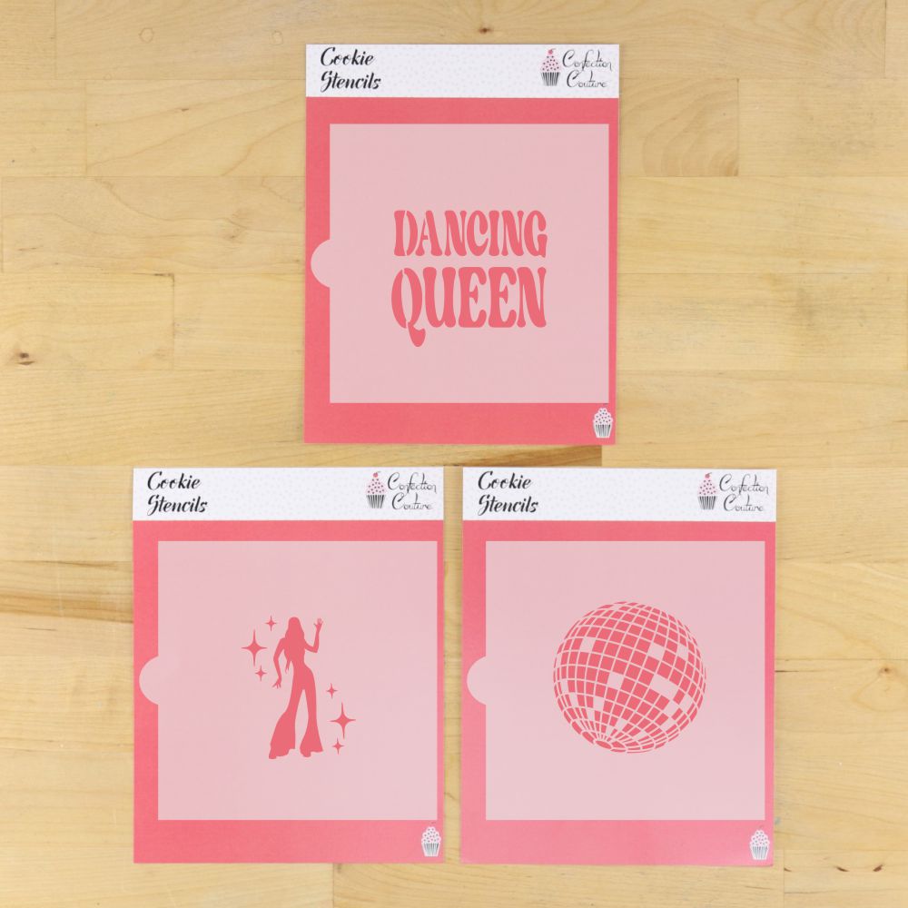 Dancing Queen cookie stencil set featuring disco ball, dancer, and text designs on pink backgrounds.