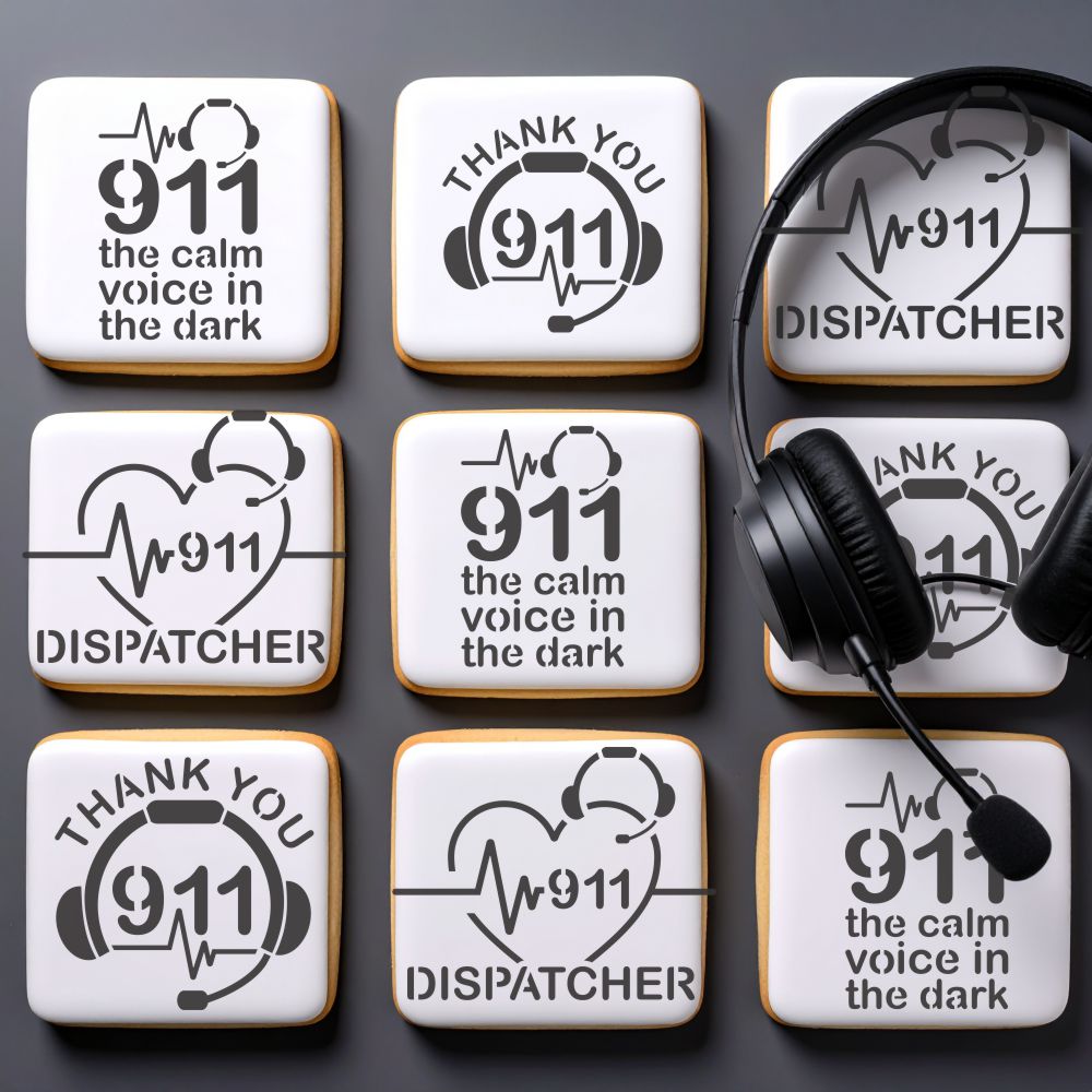 Decorated cookies using the 911 Dispatcher Cookie Stencil Set with heartfelt messages of appreciation.