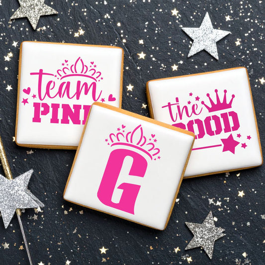 Decorated cookies with Team Pink and The Good text, perfect for a Wicked-themed party using stencils.