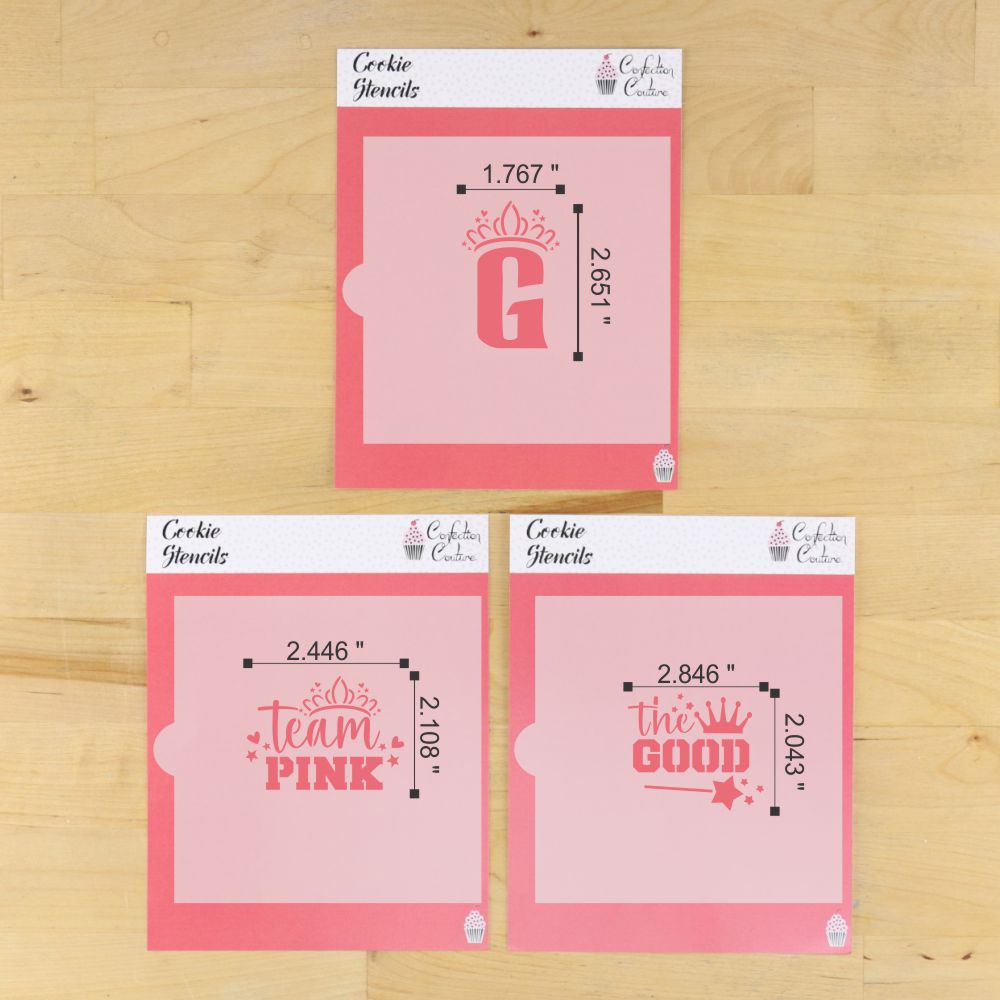 Team Pink Cookie Stencil Set featuring 'G', 'Team PINK', and 'the GOOD' designs for baking fun.
