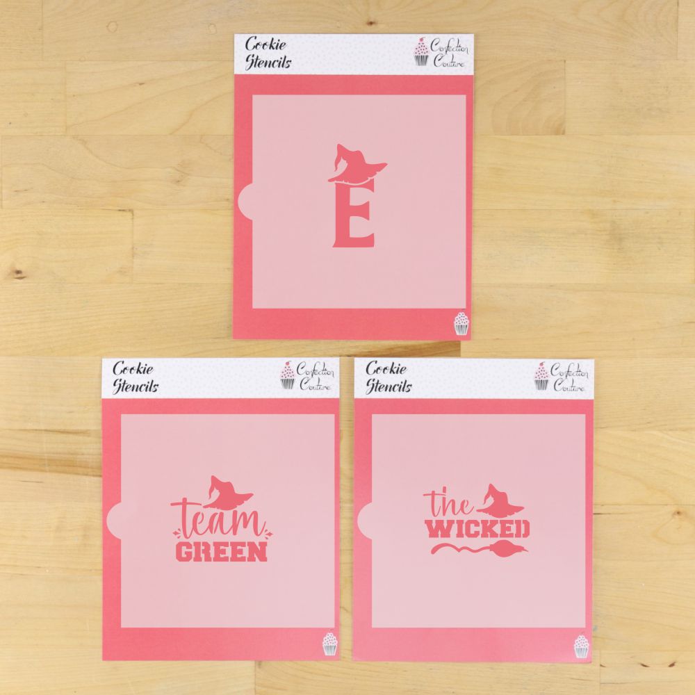 Team Green Cookie Stencil Set featuring Elphaba Witch designs for festive cookie decorating.