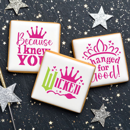 Decorative cookies featuring Wicked-themed stencils with vibrant designs for festive celebrations.