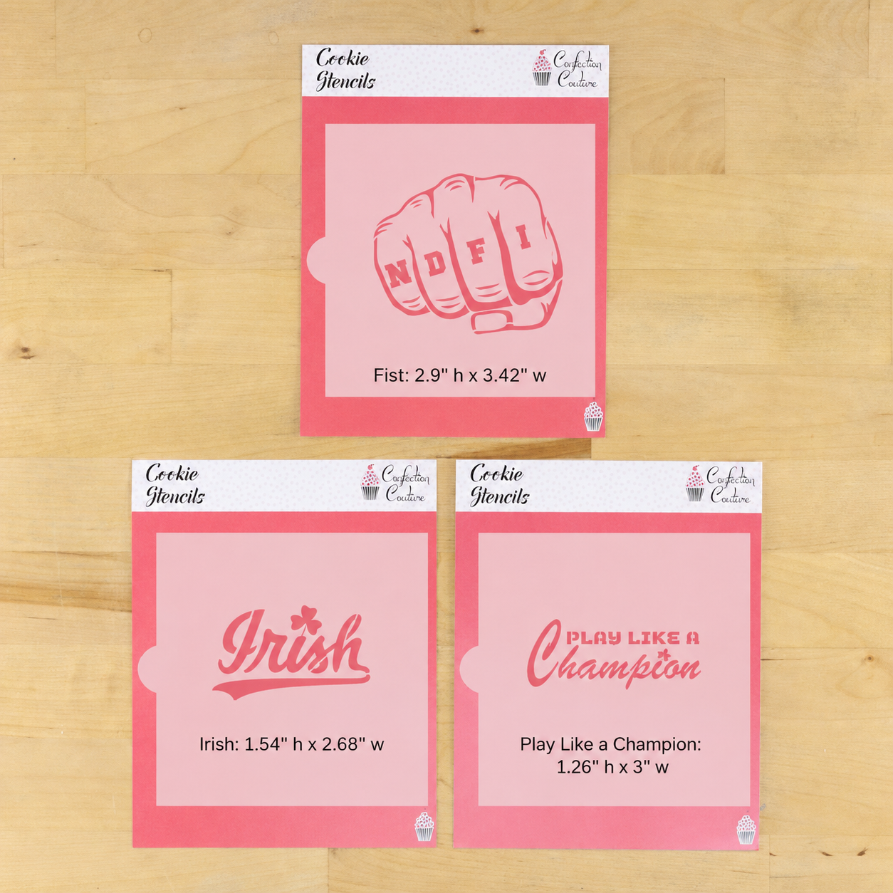 Set of cookie stencils with dimensions on a wooden surface