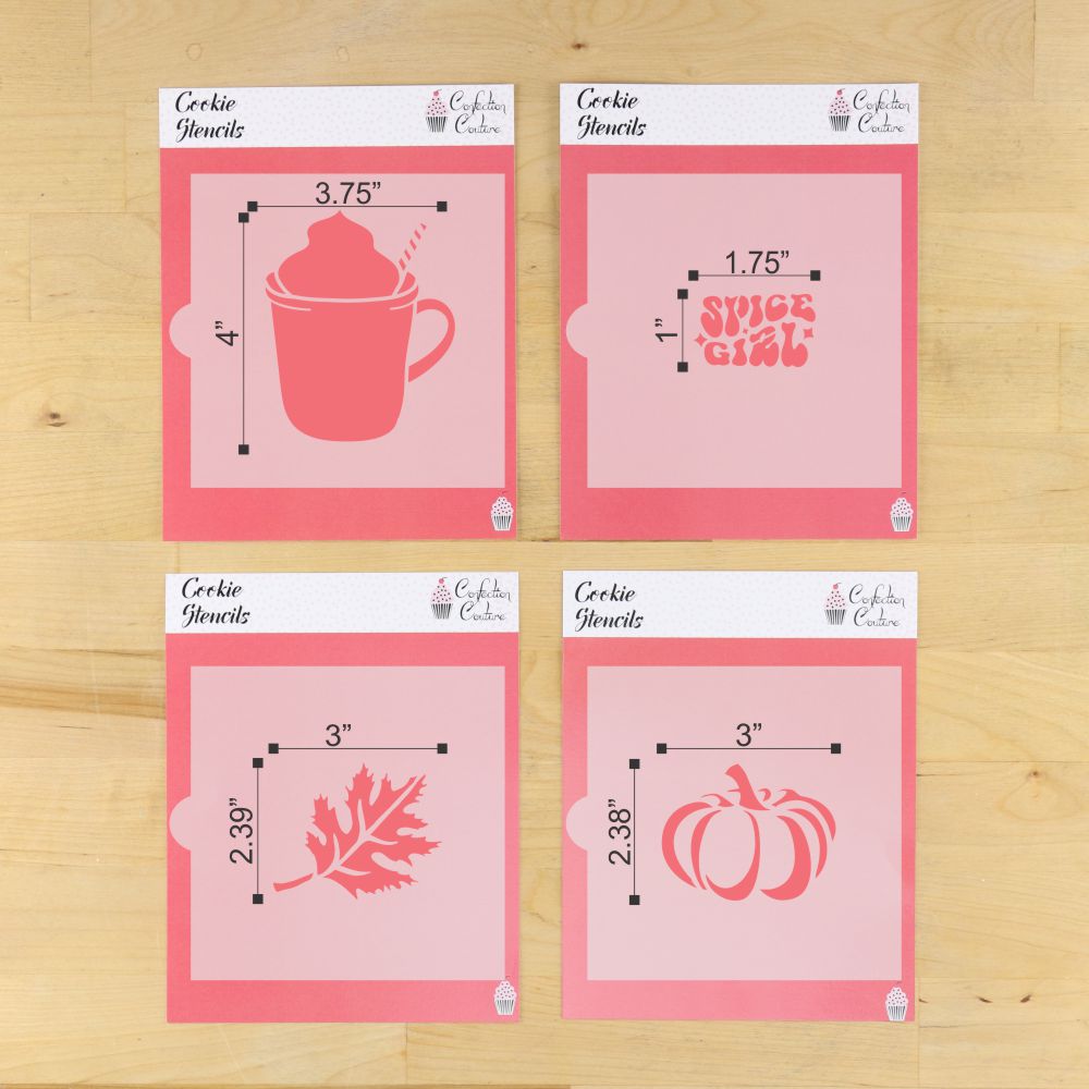 Spice Girl Cookie Stencil Set in their packaging with dimensions along the top and side.