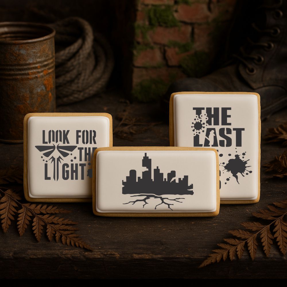 white iced cookies airbrushed with the Sweet Apocalypse The Last of Us Cookie Stencil Set