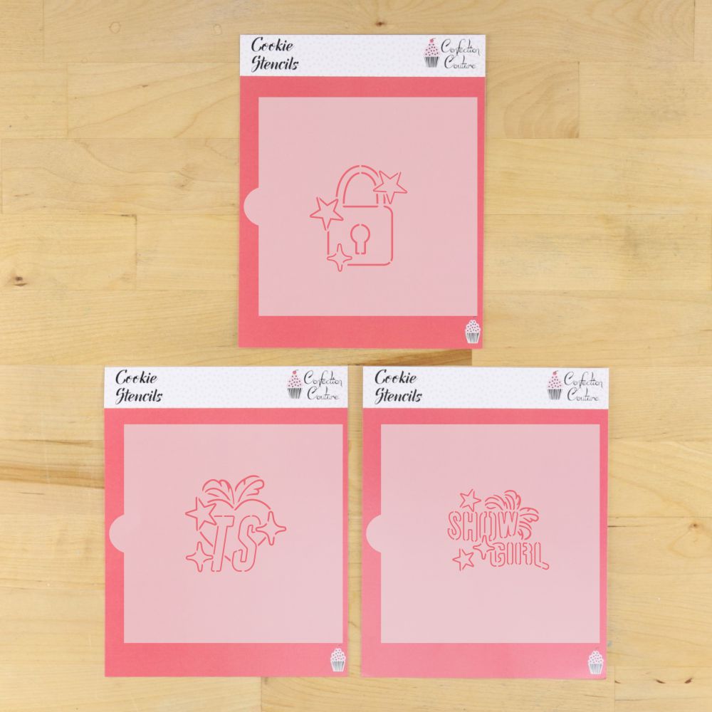 Showgirl PYO Cookie Stencil Set in their packaging.