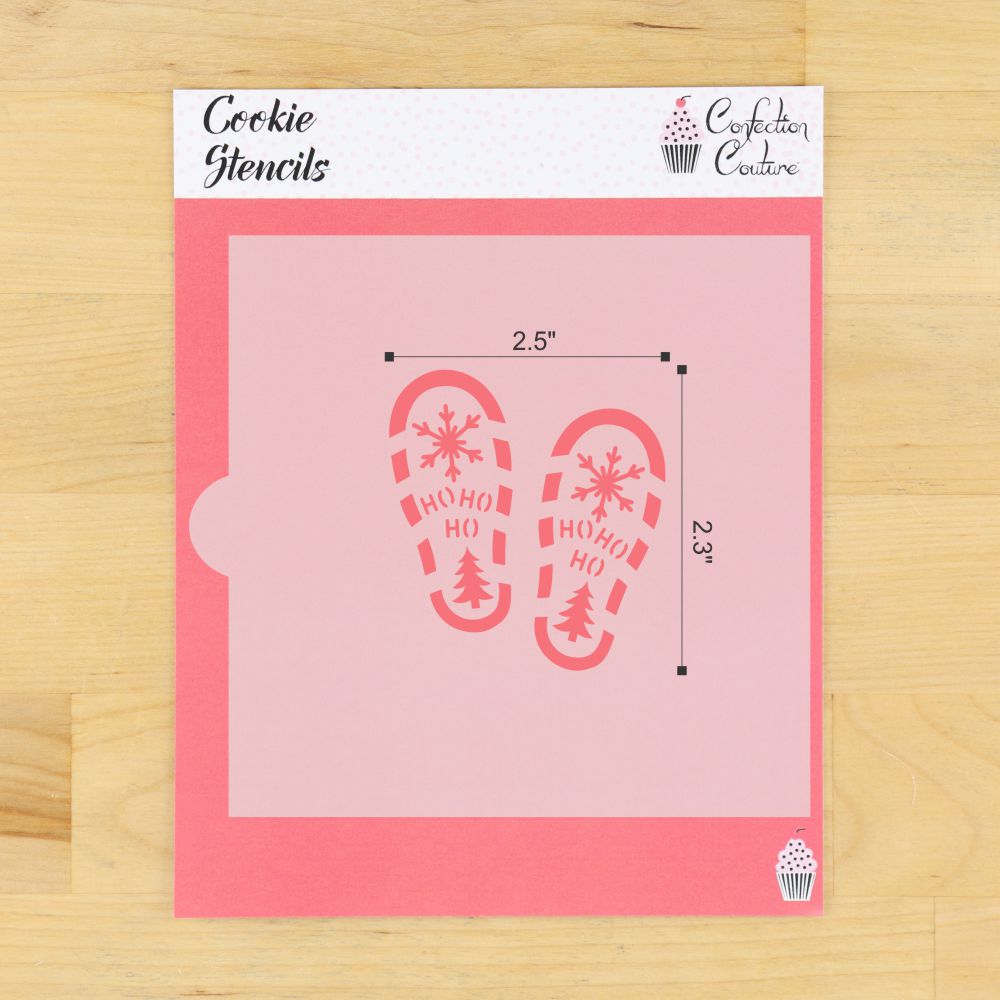 Dimensions of the Cookie stencil with Santa boot print design in its packaging